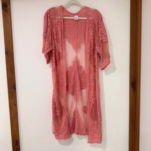 Embroidered Lace Mesh Kimono Women L-XL Rose Pink Boho | Romantic